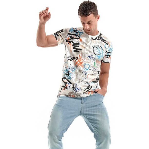 Mens White Hipster Hip Hop Short Sleeve Print T Shirt Casual Summer Tee - Picture 4 of 5